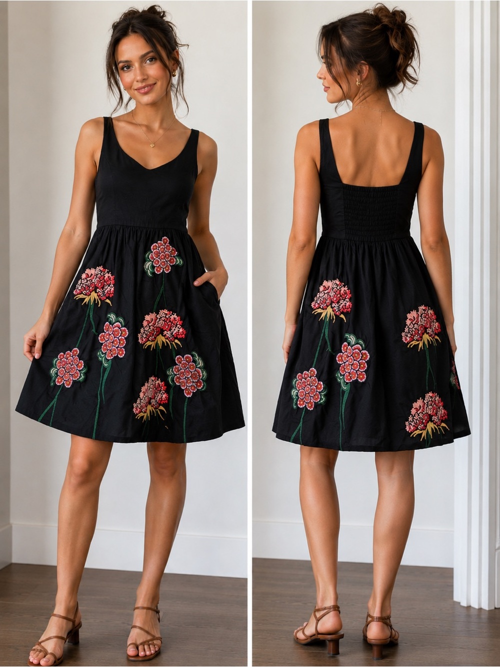 Anthropologie Floreat Cranesbill Black Floral Embroidered Dress Boho Romantic